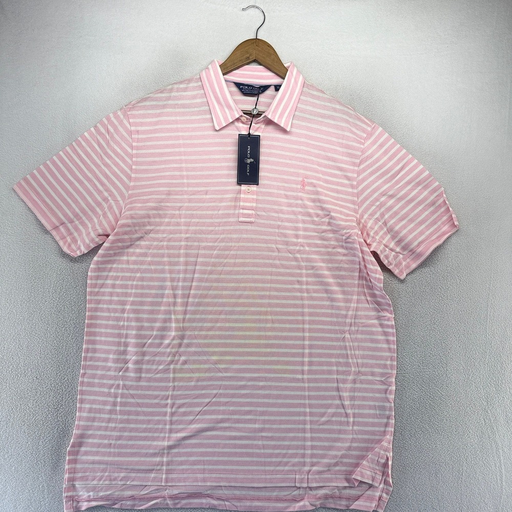 Vingage Ralph Lauren Polo Shirt Mens XL Pink Striped Polo Golf Cotton Knit 90s